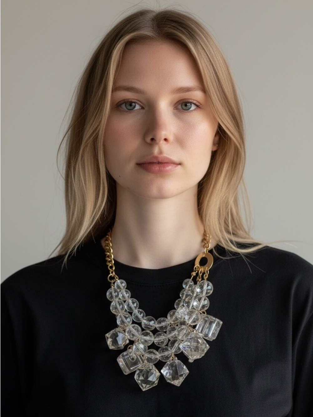 9/13 Macy's Clear Crystal & Gold Statement Necklace